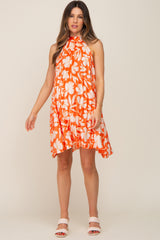 Orange Floral Pleated Mock Neck Maternity Dress