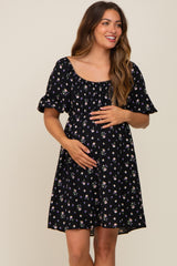 Black Floral Puff Sleeve Maternity Dress