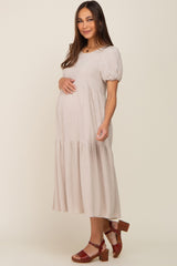 Beige Linen Short Sleeve Tiered Back Tie Maternity Midi Dress