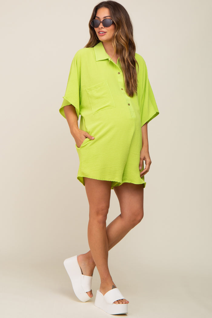 Lime Collared Front Button Maternity Romper