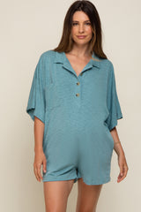 Teal Heathered Front Button Maternity Romper