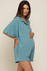 Teal Heathered Front Button Maternity Romper