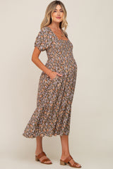 Mocha Floral Smocked Puff Sleeve Maternity Midi Dress