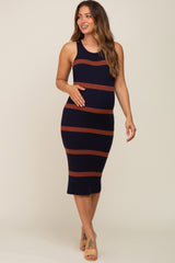 Navy Brown Sleeveless Sweater Maternity Midi Dress