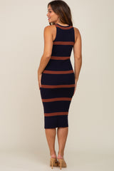 Navy Brown Sleeveless Sweater Maternity Midi Dress