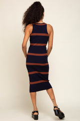 Navy Brown Sleeveless Sweater Midi Dress