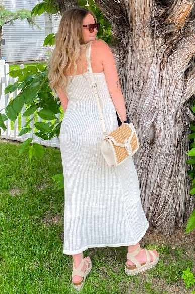 White Open Knit Crochet Midi Dress