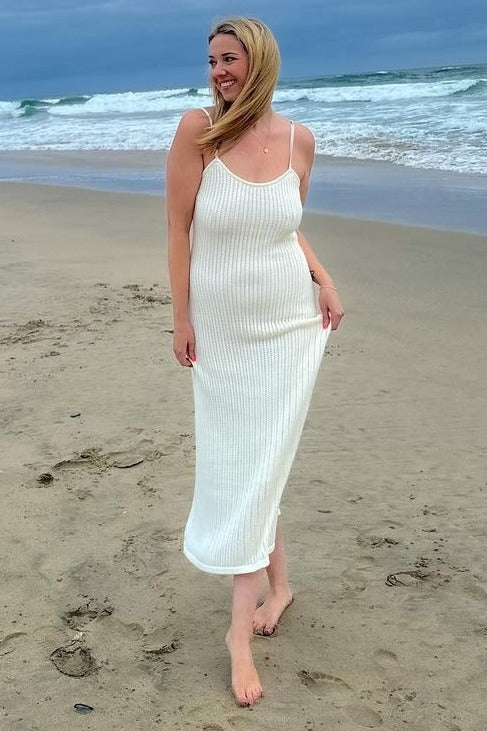White Open Knit Crochet Midi Dress