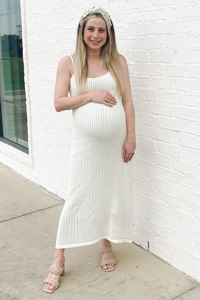 White Open Knit Crochet Maternity Midi Dress