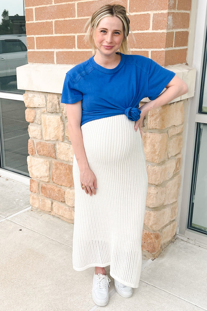 White Open Knit Crochet Maternity Midi Dress