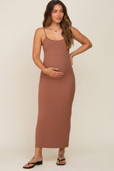 Brown Ribbed Basic Maternity Midi Dress