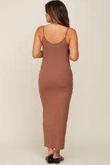 Brown Ribbed Basic Maternity Midi Dress