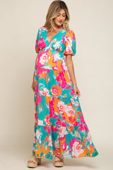 Teal Floral Puff Sleeve Tiered Maternity Maxi Dress