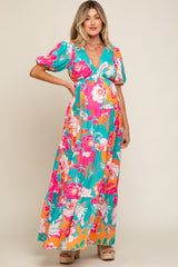 Teal Floral Puff Sleeve Tiered Maternity Maxi Dress