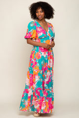 Teal Floral Puff Sleeve Tiered Maxi Dress