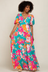 Teal Floral Puff Sleeve Tiered Maxi Dress