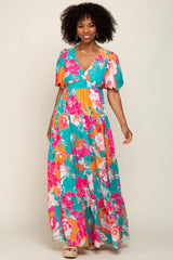 Teal Floral Puff Sleeve Tiered Maxi Dress