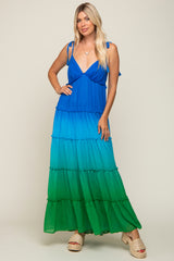 Blue Ombre Chiffon Shoulder Tie Tiered Maxi Dress