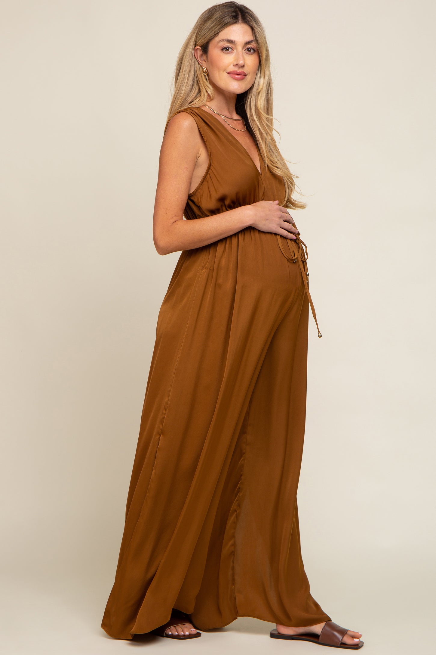 Camel Satin V-Neck Side Slit Maternity Jumpsuit
