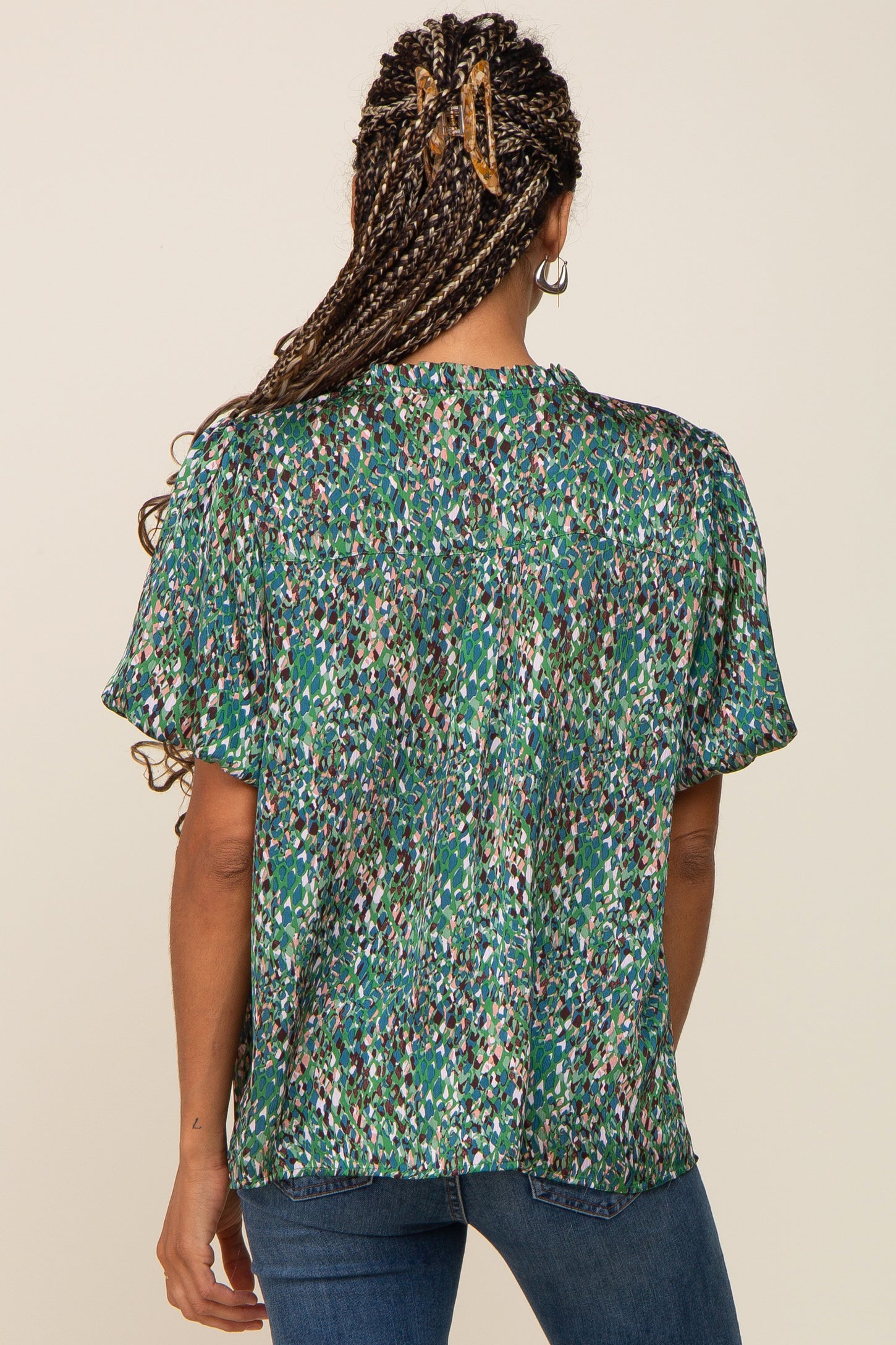 Green Printed Front Tie Puff Sleeve Blouse