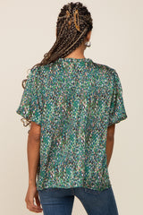 Green Printed Front Tie Puff Sleeve Blouse