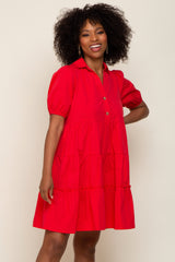 Red Collared Tiered Maternity Dress