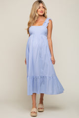 Light Blue Ruffle Accent Back Tie Maternity Midi Dress