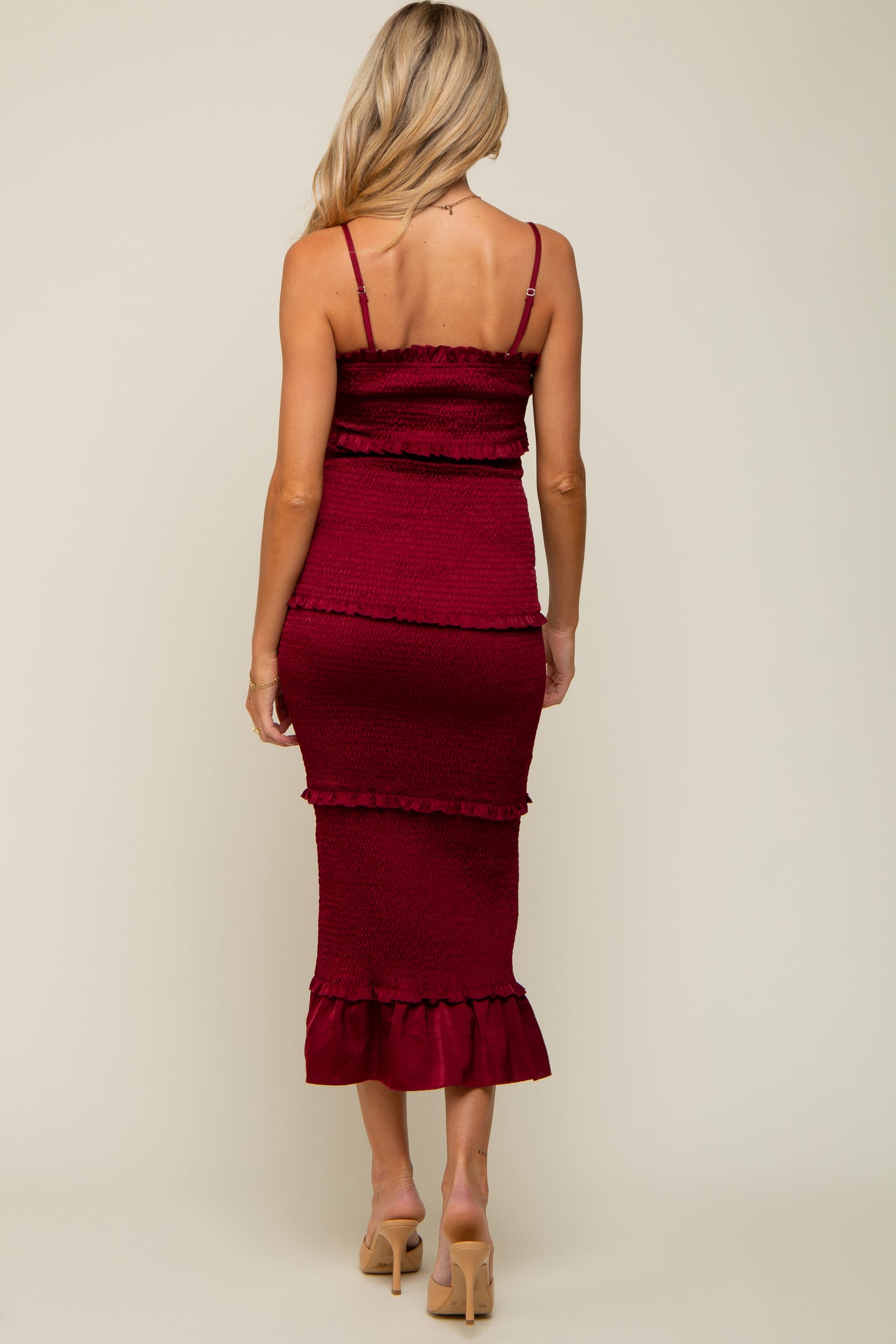 Burgundy Satin Smocked Fitted Maternity Midi Dress