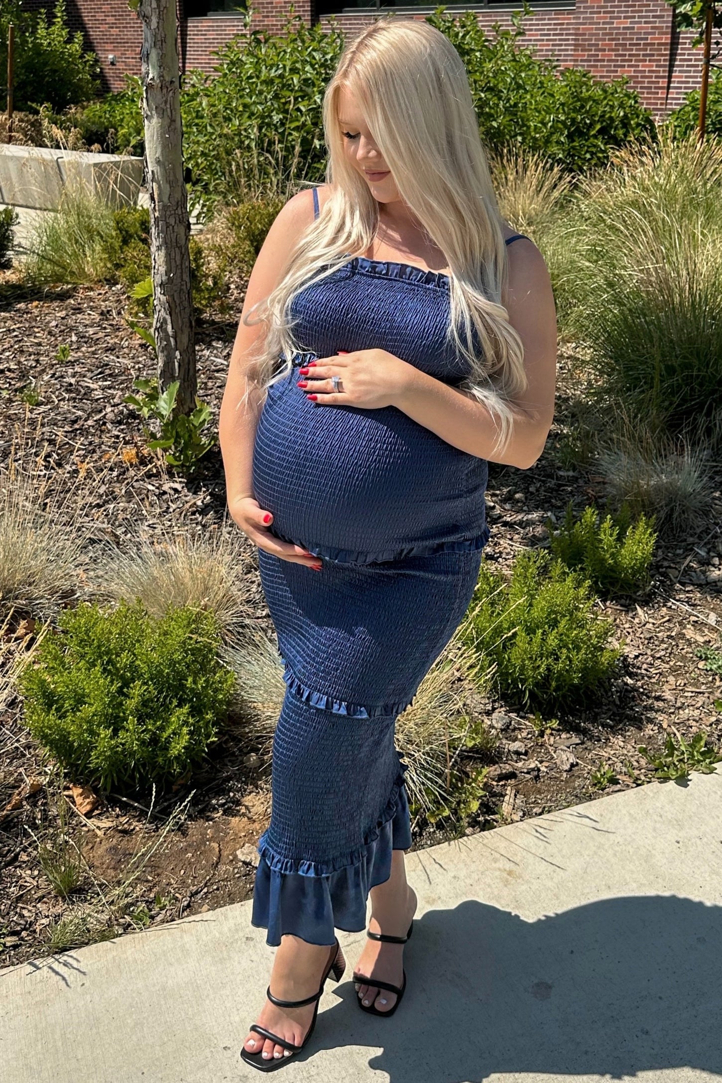 Blue Satin Smocked Fitted Maternity Maxi Dress