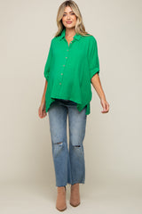 Green Button Down Collared Maternity Top