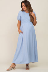 Blue Smocked Maternity Maxi Dress