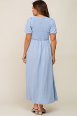 Blue Smocked Maternity Maxi Dress