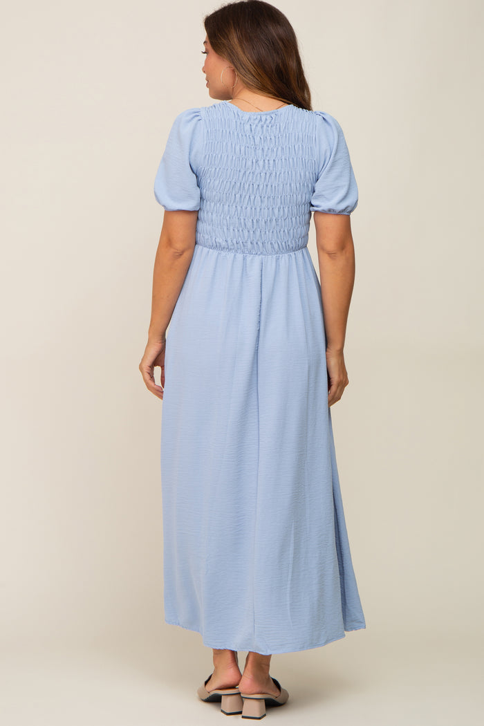 Blue Smocked Maternity Maxi Dress