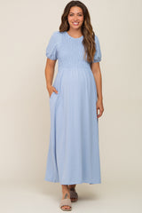 Blue Smocked Maternity Maxi Dress