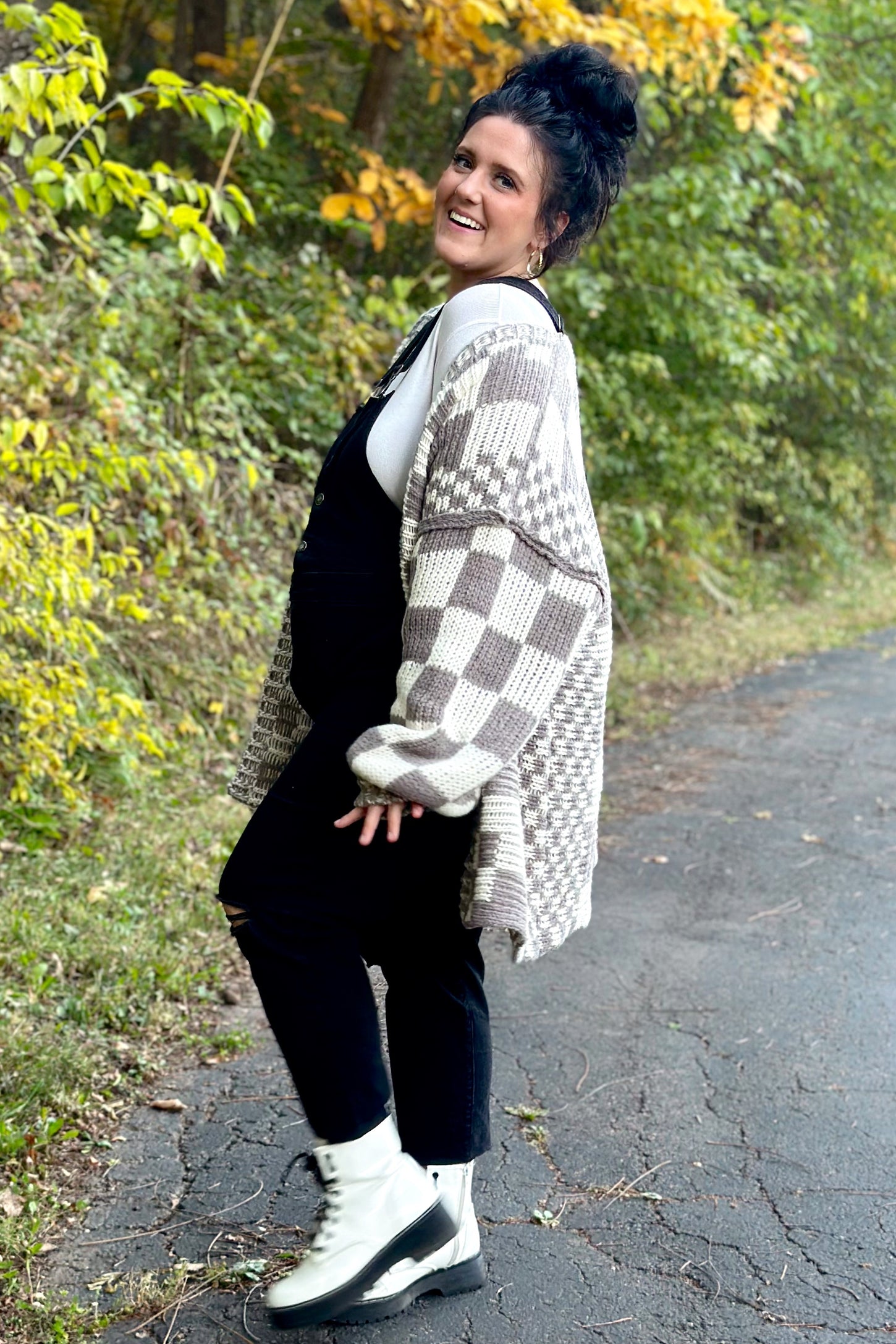 Mocha Checkered Oversized Chunky Knit Maternity Cardigan