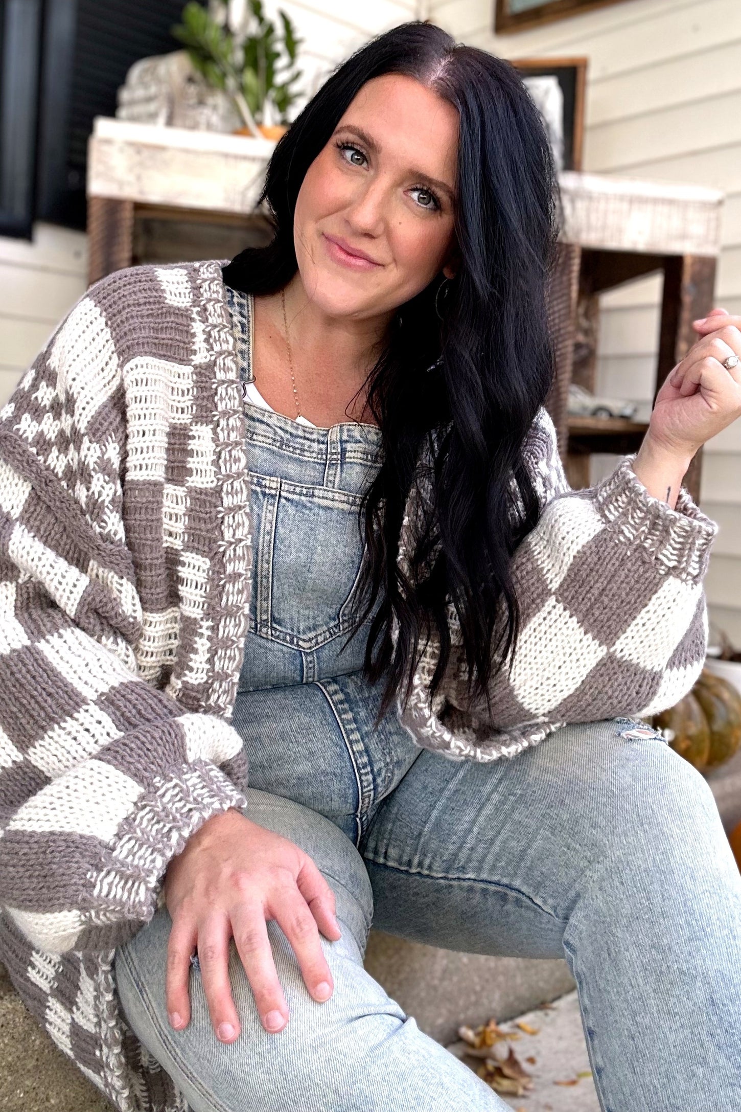 Mocha Checkered Oversized Chunky Knit Cardigan
