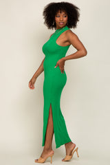 Green Ribbed Side Slit Maxi Dress