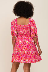 Fuchsia Floral Smocked Square Neck Ruffle Dress