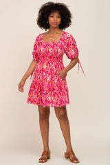 Fuchsia Floral Smocked Square Neck Ruffle Dress