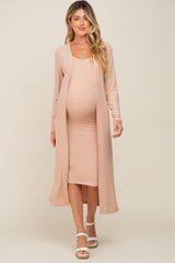 Beige Ribbed Cardigan 2 Piece Maternity Set