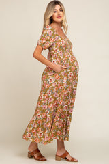 Olive Floral Smocked Square Neck Tiered Maternity Maxi Dress