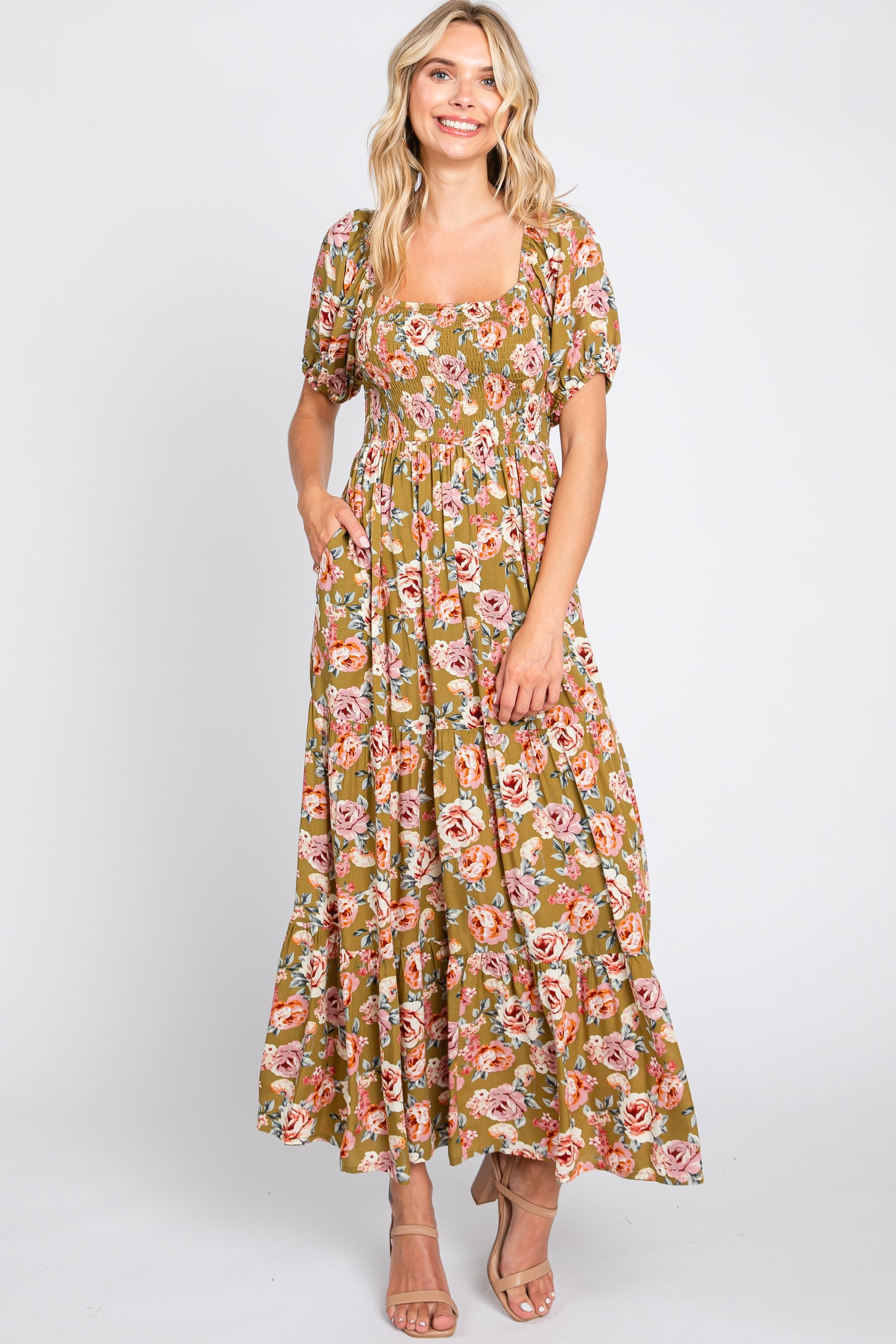 Olive Floral Smocked Square Neck Tiered Maternity Maxi Dress