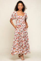 Cream Floral Smocked Square Neck Tiered Maxi Dress