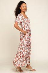 Cream Floral Smocked Square Neck Tiered Maxi Dress