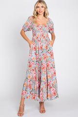 Blue Floral Smocked Square Neck Tiered Maternity Maxi Dress