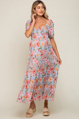 Blue Floral Smocked Square Neck Tiered Maternity Maxi Dress