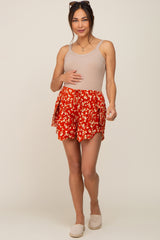 Rust Floral Scalloped Drawstring Maternity Shorts