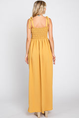 Yellow Textured Smocked Shoulder Tie Maxi Dress