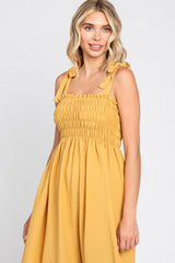 Yellow Textured Smocked Shoulder Tie Maxi Dress