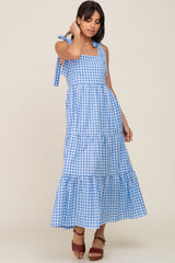 Blue Checkered Sleeveless Tiered Maxi Dress